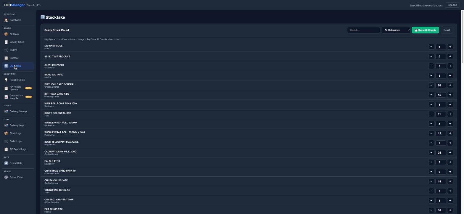 Stocktake screen
